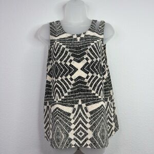 Fynn and Rose Shirt Womens XS Black Beige Silk Abstract Geometric Artsy Boho